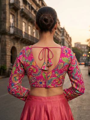 Pink full sleeves self embroidered saree blouse 2