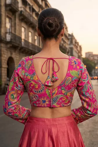 Pink full sleeves self embroidered saree blouse