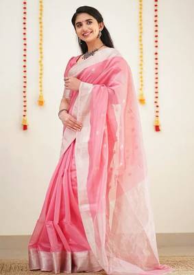 Pink silk blend jacuard work festival saree with unstitched blouse piece 2
