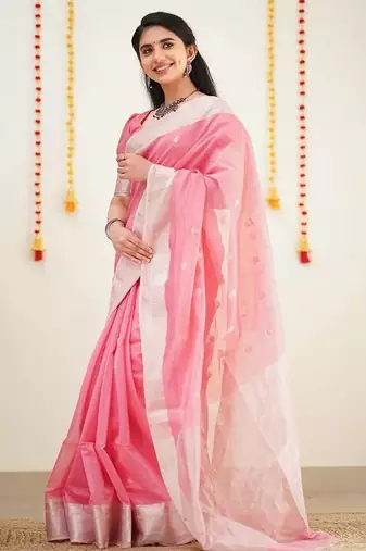 Pink silk blend jacuard work festival saree with unstitched blouse piece