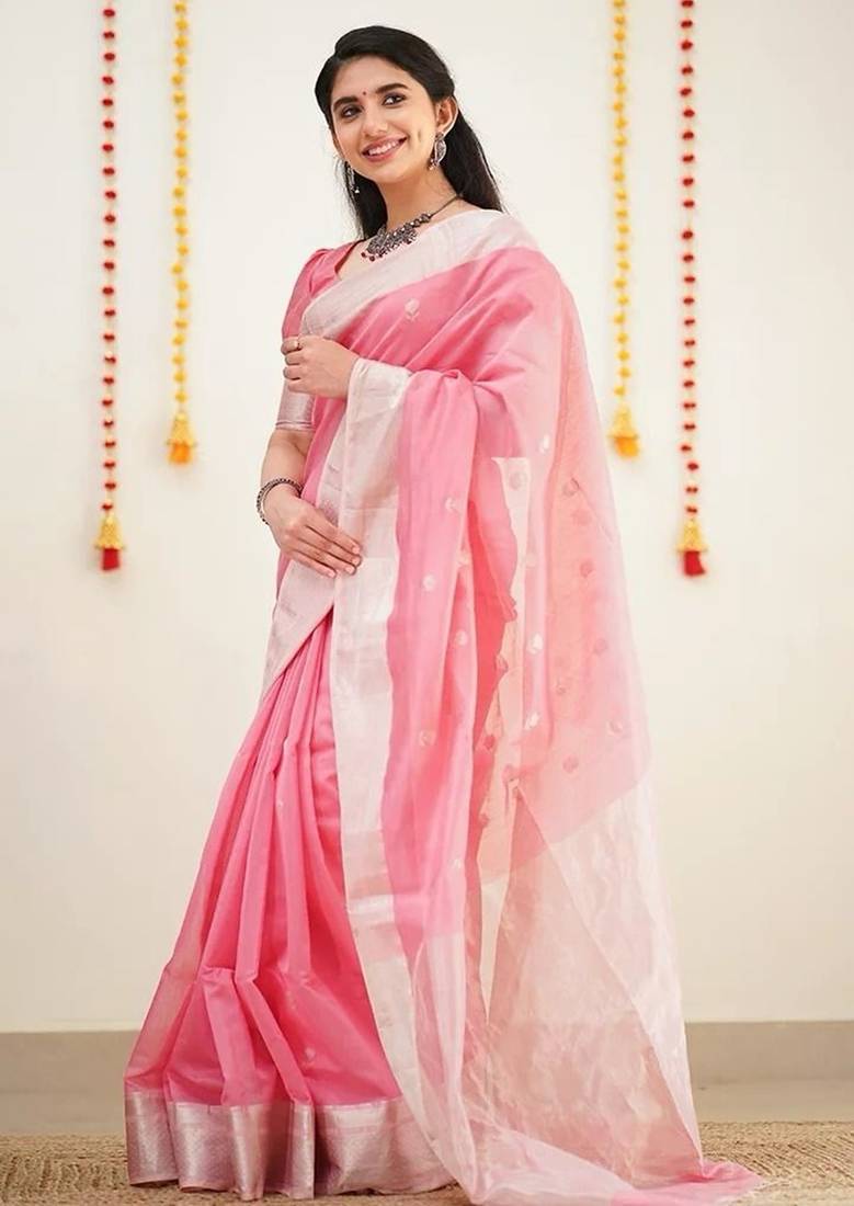 Pink silk blend jacuard work festival saree with unstitched blouse piece