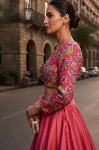 Pink full sleeves self embroidered saree blouse