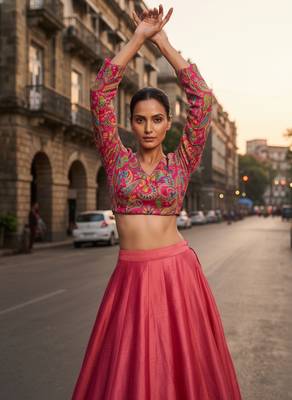 Pink full sleeves self embroidered saree blouse 4