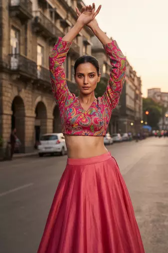 Pink full sleeves self embroidered saree blouse
