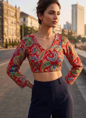 Red full sleeves self embroidered saree blouse 2