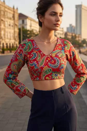 Red full sleeves self embroidered saree blouse