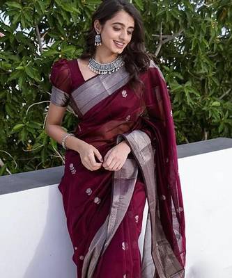 Wine silk blend jacuard work festival saree with unstitched blouse piece 1
