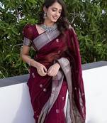 Wine silk blend jacuard work festival saree with unstitched blouse piece