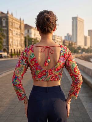 Red full sleeves self embroidered saree blouse 3