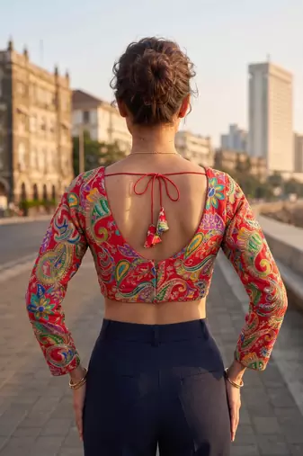 Red full sleeves self embroidered saree blouse