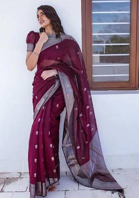 Wine silk blend jacuard work festival saree with unstitched blouse piece 2
