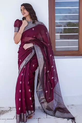 Wine silk blend jacuard work festival saree with unstitched blouse piece