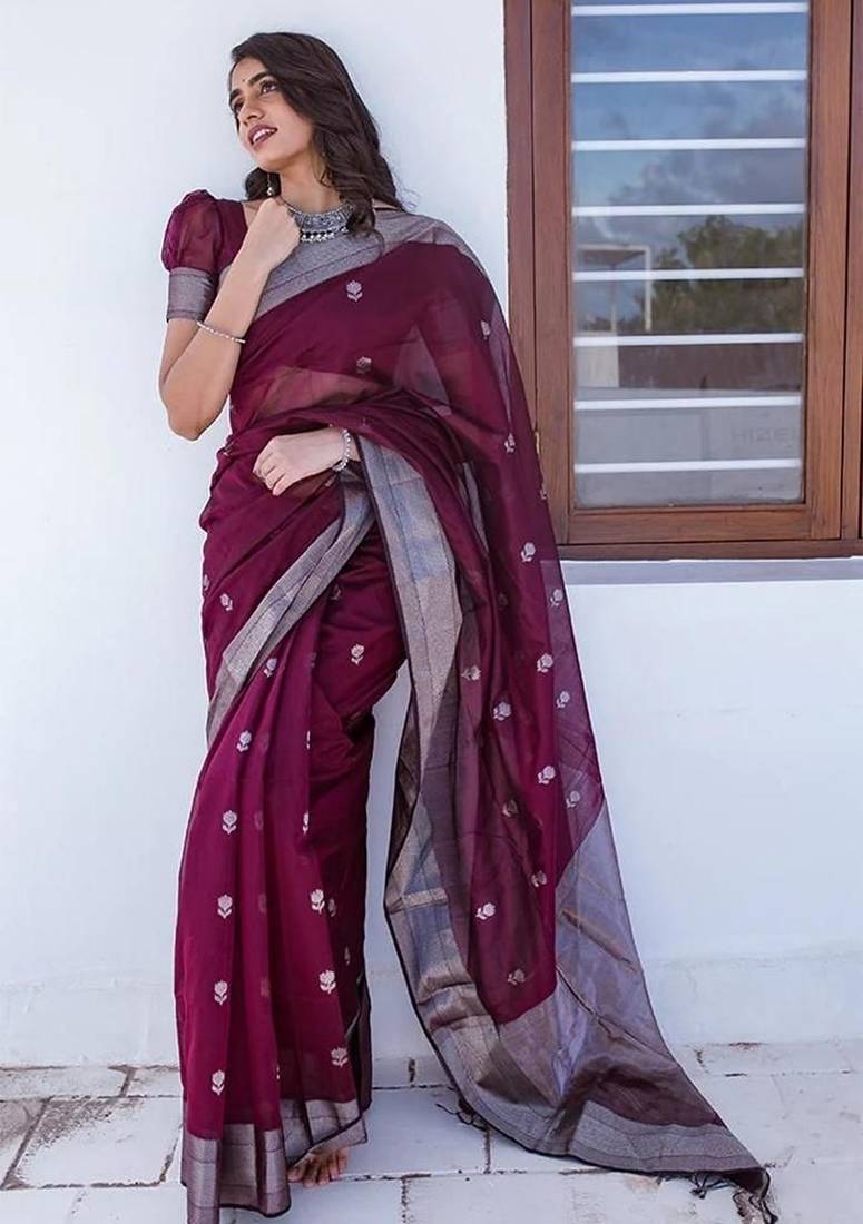 Wine silk blend jacuard work festival saree with unstitched blouse piece
