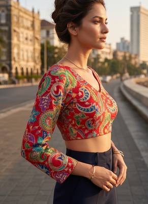 Red full sleeves self embroidered saree blouse 4