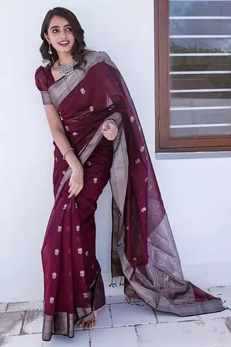 Wine silk blend jacuard work festival saree with unstitched blouse piece