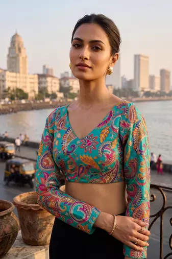 Teal full sleeves self embroidered saree blouse