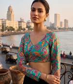 Teal full sleeves self embroidered saree blouse