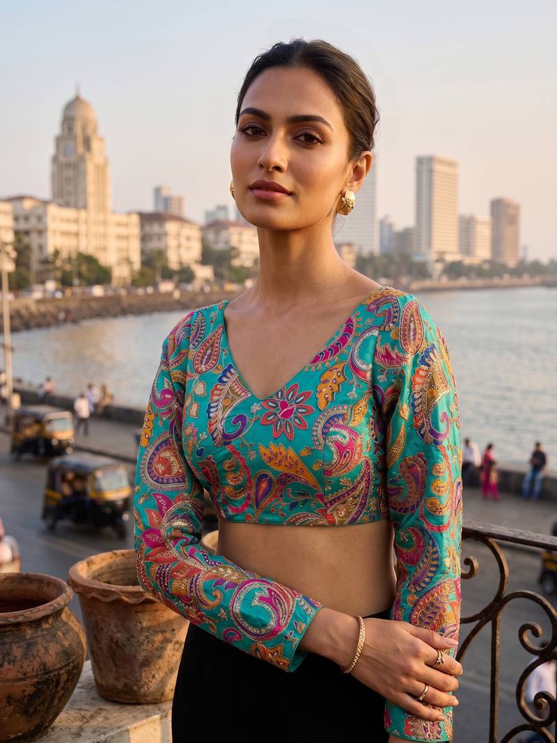 Teal full sleeves self embroidered saree blouse