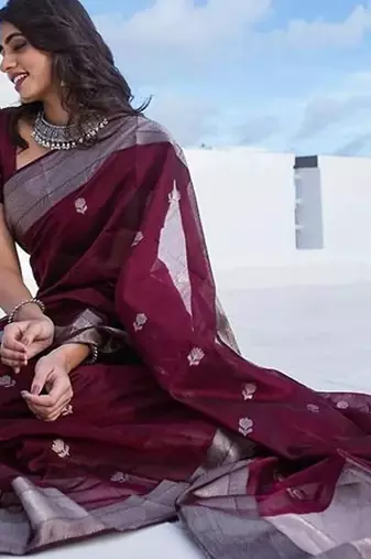 Wine silk blend jacuard work festival saree with unstitched blouse piece