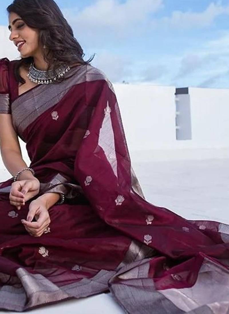 Wine silk blend jacuard work festival saree with unstitched blouse piece