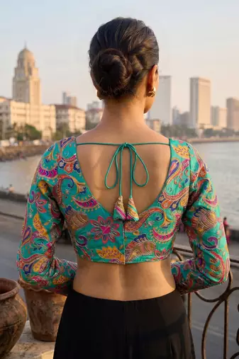 Teal full sleeves self embroidered saree blouse