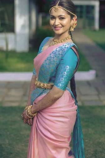 Peach rama silk blend jacuard work festival saree with unstitched blouse piece