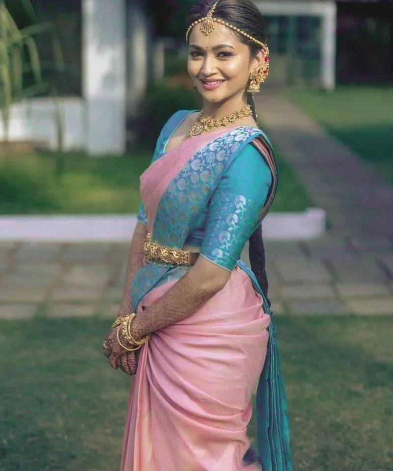 Peach rama silk blend jacuard work festival saree with unstitched blouse piece