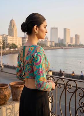 Teal full sleeves self embroidered saree blouse 3