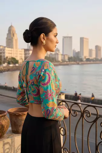 Teal full sleeves self embroidered saree blouse