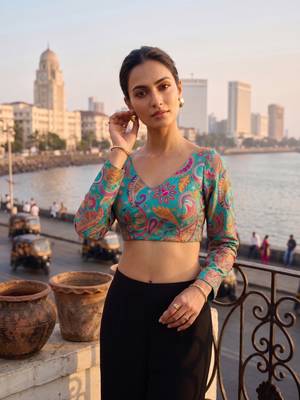 Teal full sleeves self embroidered saree blouse 4