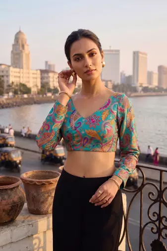 Teal full sleeves self embroidered saree blouse