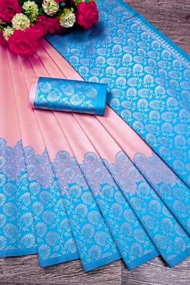 Peach rama silk blend jacuard work festival saree with unstitched blouse piece 2