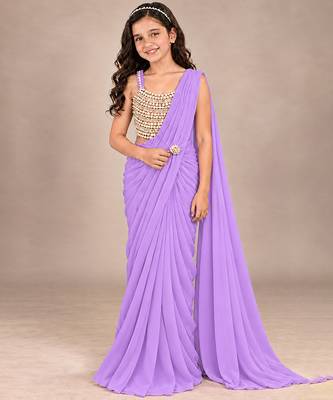 Lilac embroidered georgette drape saree set 1