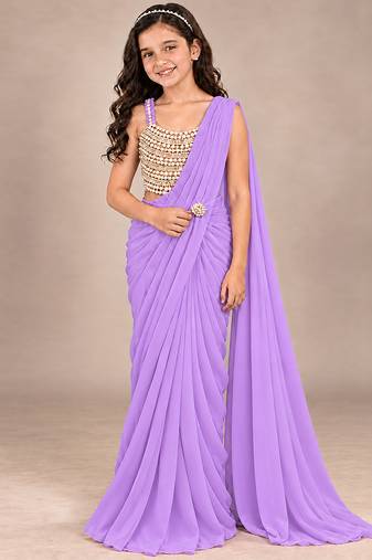 Lilac embroidered georgette drape saree set