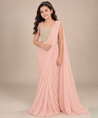 Peach pink embroidered georgette drape saree set 1
