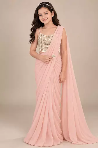 Peach pink embroidered georgette drape saree set