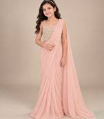 Peach pink embroidered georgette drape saree set