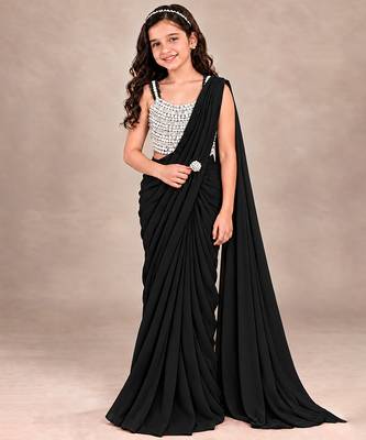Black embroidered georgette drape saree set 1