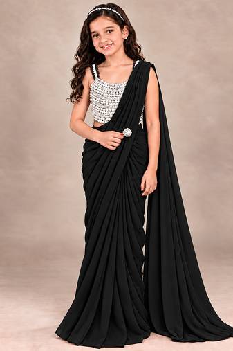 Black embroidered georgette drape saree set