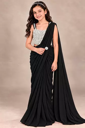Black embroidered georgette drape saree set