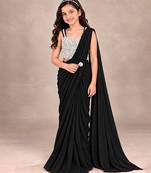 Black embroidered georgette drape saree set