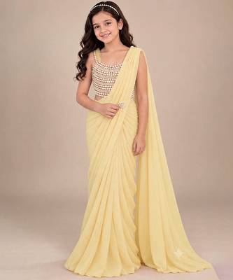 Yellow embroidered georgette drape saree set 1