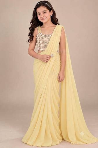 Yellow embroidered georgette drape saree set