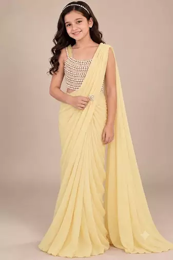 Yellow embroidered georgette drape saree set