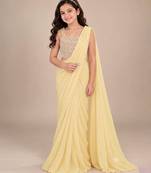 Yellow embroidered georgette drape saree set