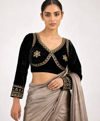 Black velvet full sleeves embroidered saree blouse 1