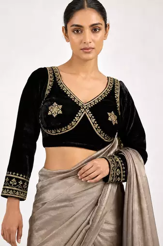 Black velvet full sleeves embroidered saree blouse