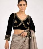 Black velvet full sleeves embroidered saree blouse