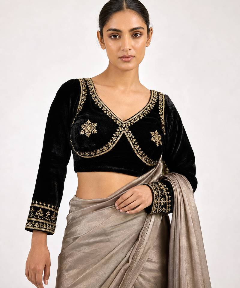 Black velvet full sleeves embroidered saree blouse