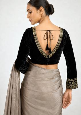 Black velvet full sleeves embroidered saree blouse 2